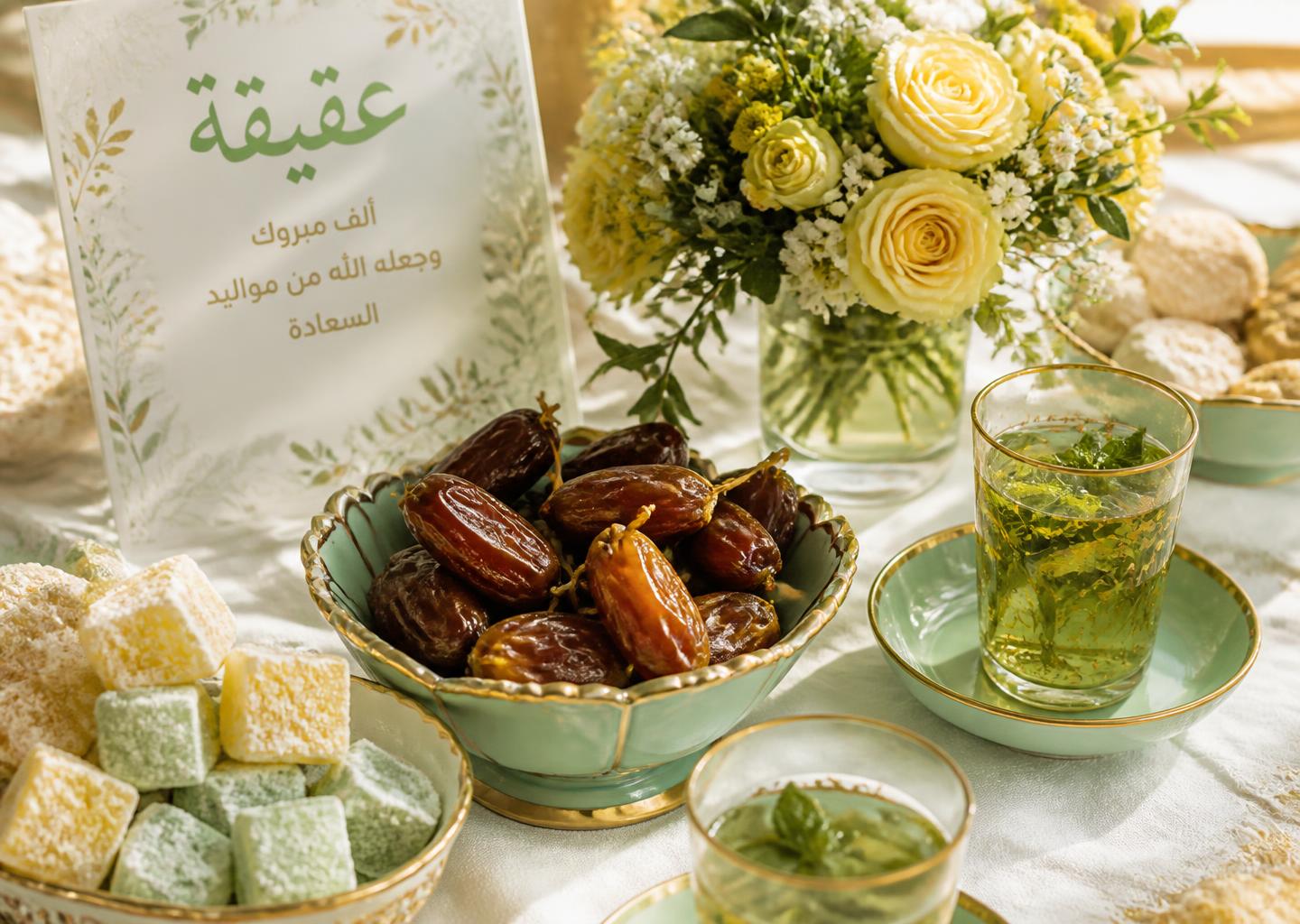 An Aqiqah table set with dates, sweets and mint tea